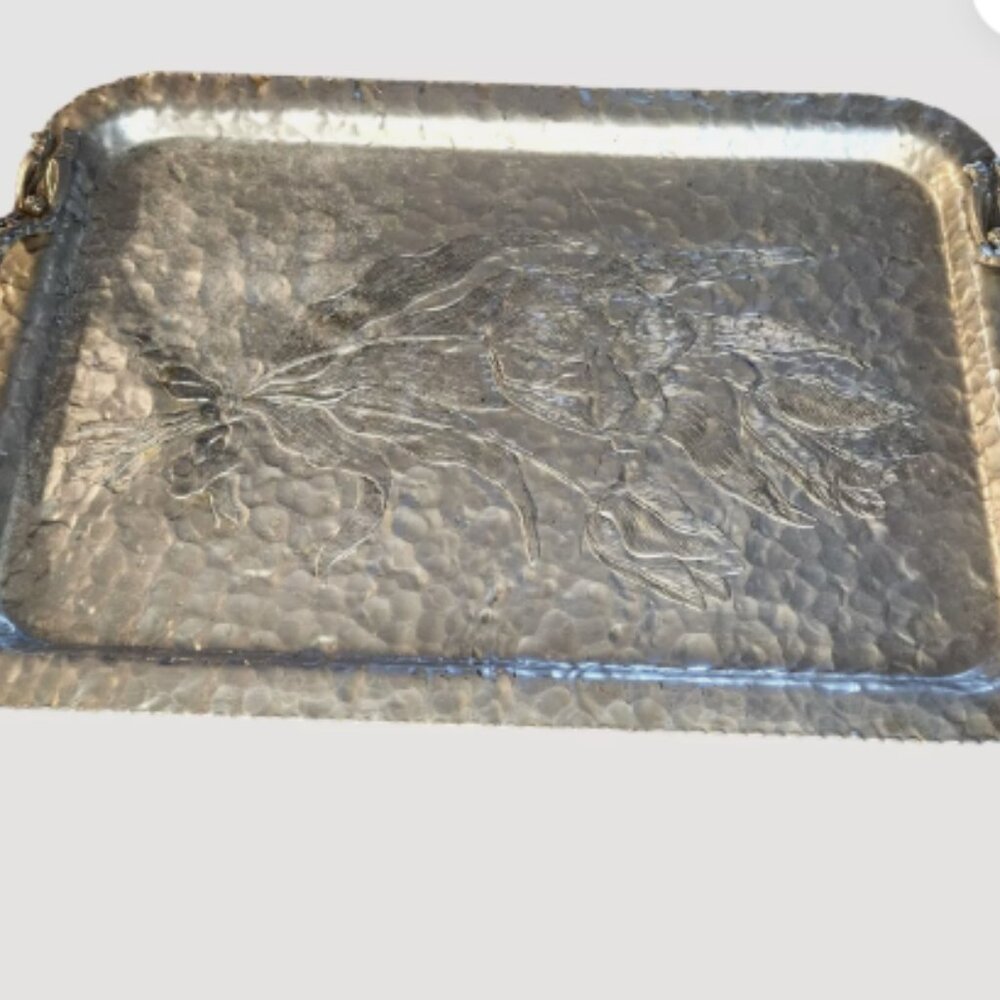 Vintage Rodney Kent Hammered Aluminum Floral Serving Tray Ornate Handles